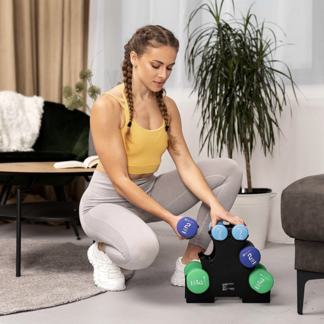 Набір круглих фітнес гантелей HS-V121DRS з підставкою 12кг різнокольорові