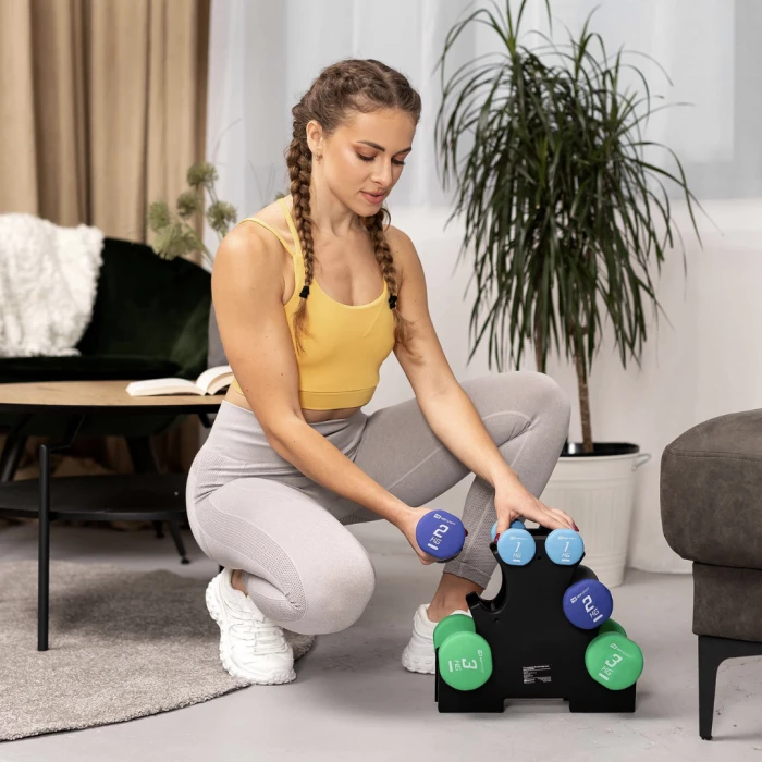 Набор круглых фитнес гантелей HS-V121DRS с подставкой 12кг разноцветные.