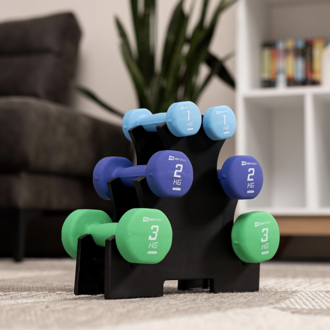 Набір круглих фітнес гантелей HS-V121DRS з підставкою 12кг різнокольорові