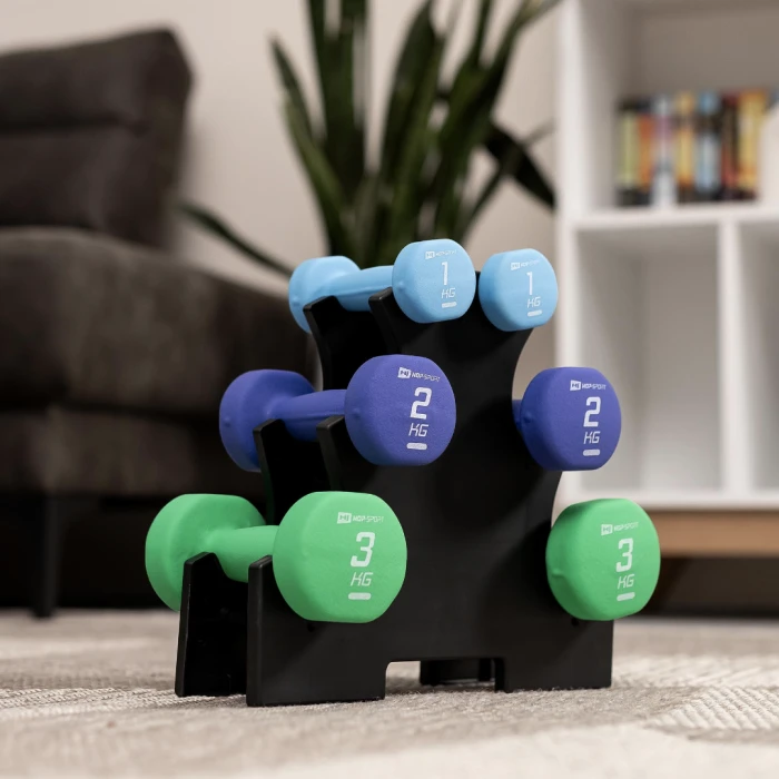 Набор круглых фитнес гантелей HS-V121DRS с подставкой 12кг разноцветные.