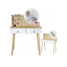 Туалетный столик Jumi Scandi LED подсветка, с ящиками, кожаные ручки, светлый бук