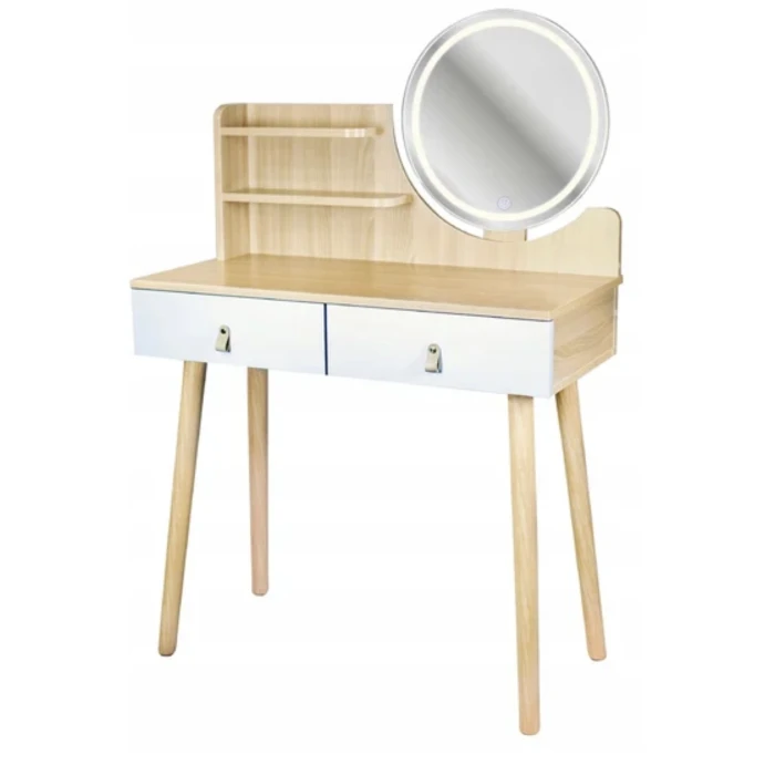 Туалетный столик Jumi Scandi LED подсветка, с ящиками, кожаные ручки, светлый бук