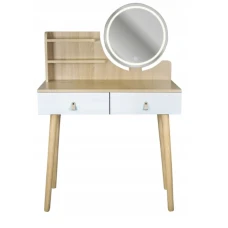Туалетный столик Jumi Scandi LED подсветка, с ящиками, кожаные ручки, светлый бук
