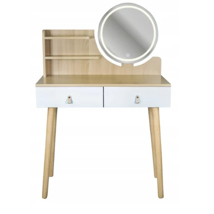 Туалетный столик Jumi Scandi LED подсветка, с ящиками, кожаные ручки, светлый бук