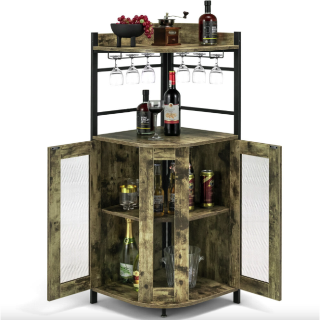 Стеллаж Costway Marvo барный с держателем бокалов в стиле Loft бежевый