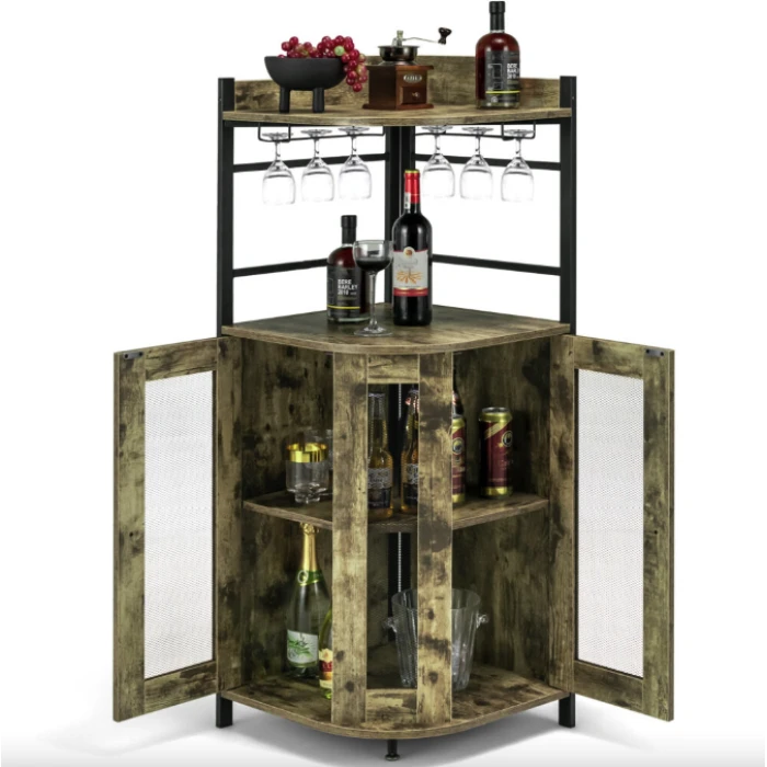Стеллаж Costway Marvo барный с держателем бокалов в стиле Loft бежевый