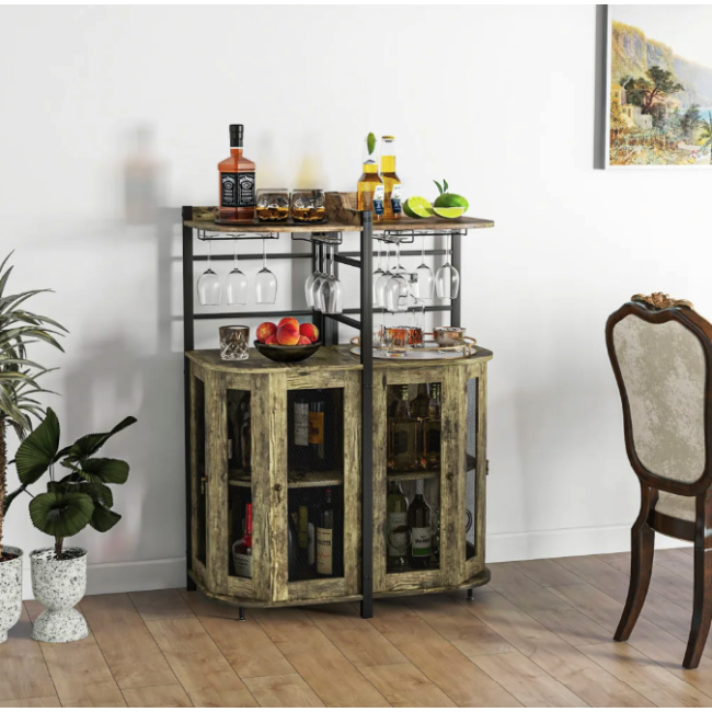 Стеллаж Costway Marvo барный с держателем бокалов в стиле Loft бежевый