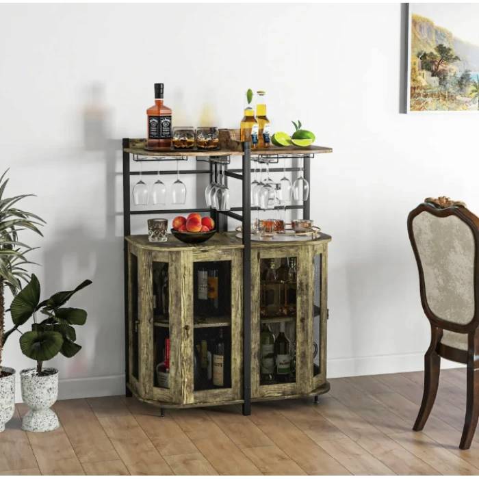 Стеллаж Costway Marvo барный с держателем бокалов в стиле Loft бежевый