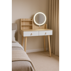 Туалетний столик Jumi Scandi LED підсвітка, з шухлядами, шкіряні ручки, світлий бук