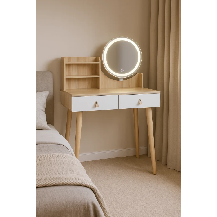 Туалетный столик Jumi Scandi LED подсветка, с ящиками, кожаные ручки, светлый бук