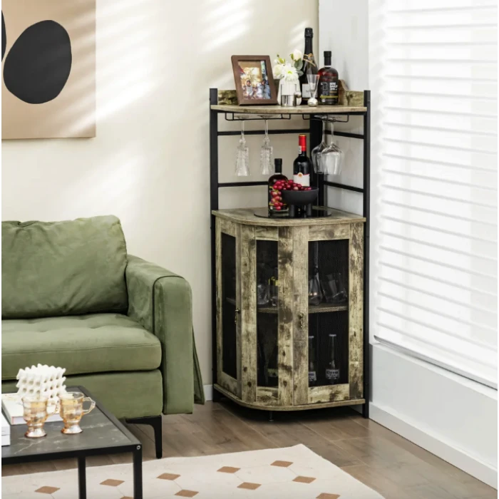 Стеллаж Costway Marvo барный с держателем бокалов в стиле Loft бежевый