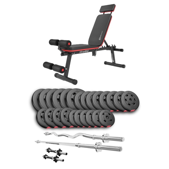 Набор Hop-Sport Premium 135кг со скамьей HS-2040 HB, штангами и гантелями.