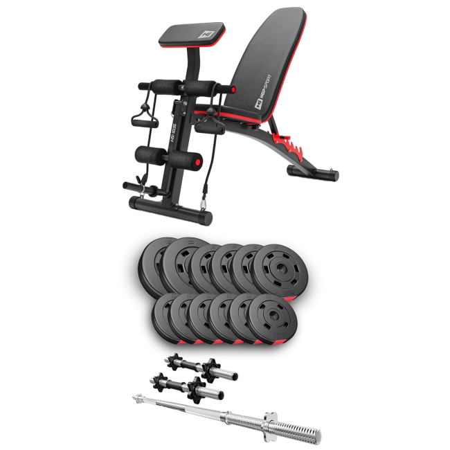 Набір Hop-Sport Premium 38кг з лавою HS-1035, штангою та гантелями