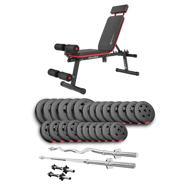 Набор Hop-Sport Premium 135кг со скамьей HS-2040 HB, штангами и гантелями.