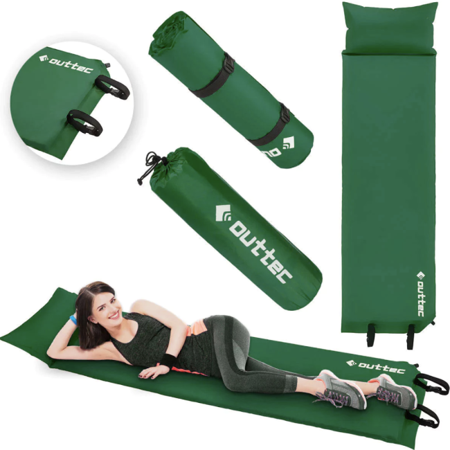 Самонадувний килимок Outtec з подушкою гладкий зелений