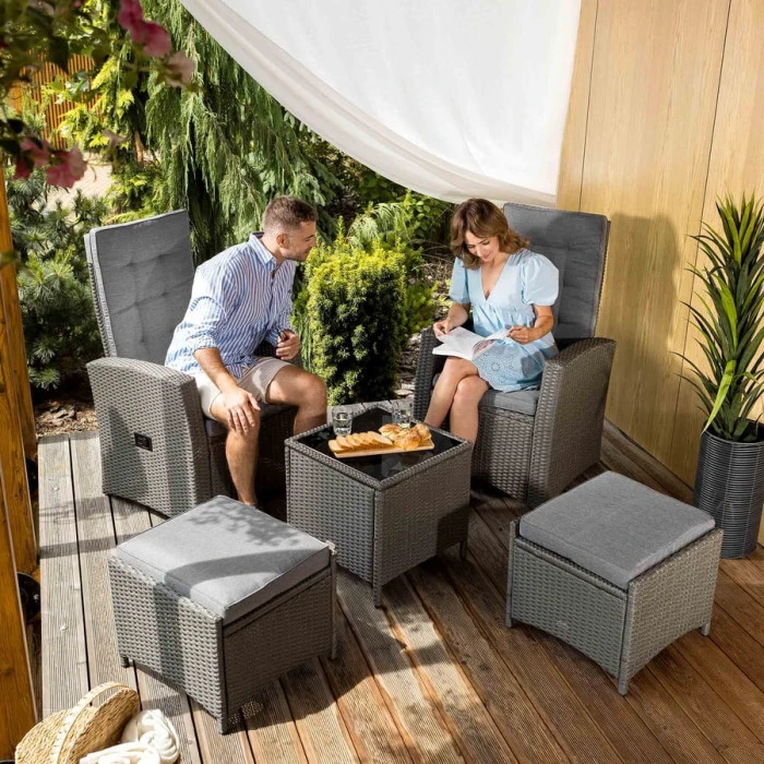 Комплект садових меблів Di Volio Fera 2 крісла реклайнери, 2 пуфи та столик, сірий