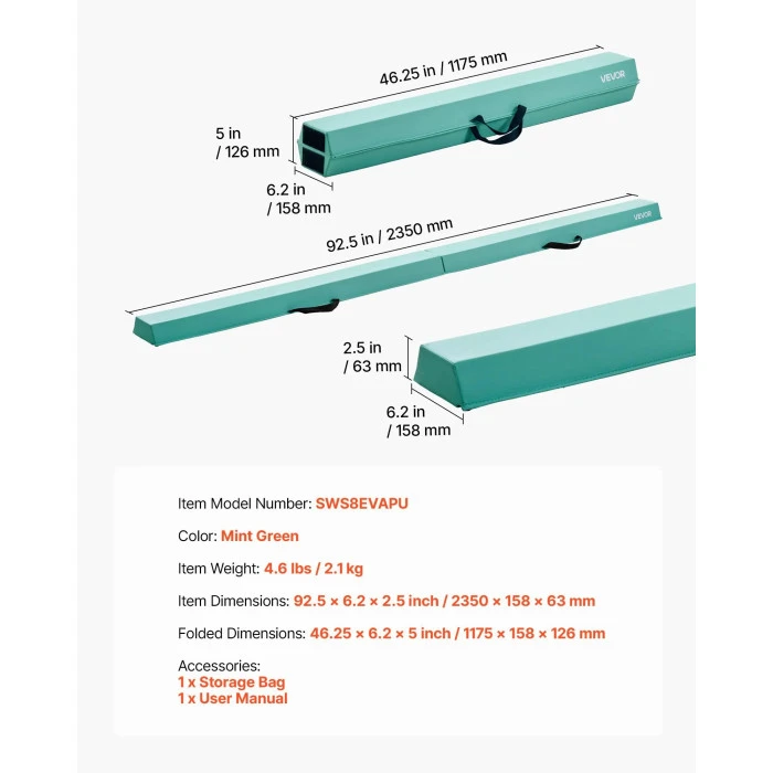Детская гимнастическая балка VEVOR SWS8EVAPU 2,35 мятно-зеленый.
