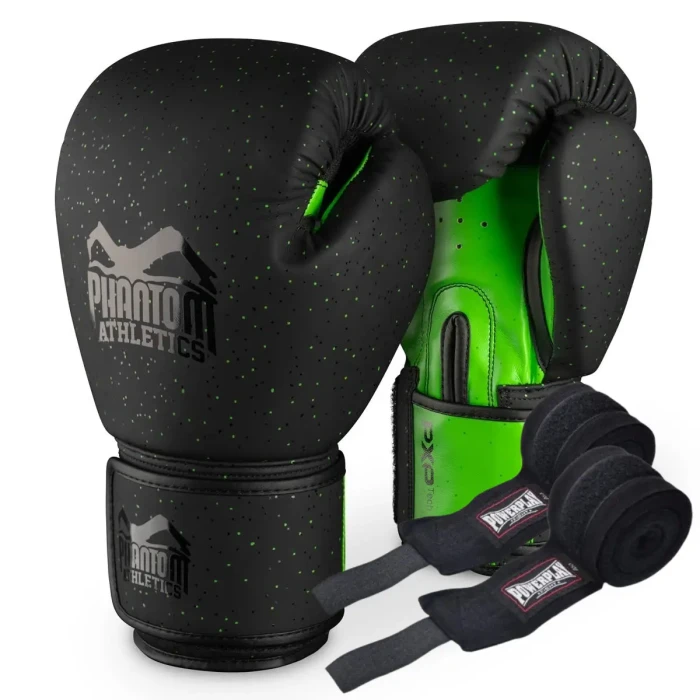 Перчатки боксерские с бинтами Phantom Galaxy размер 10 унций, черно-зеленые