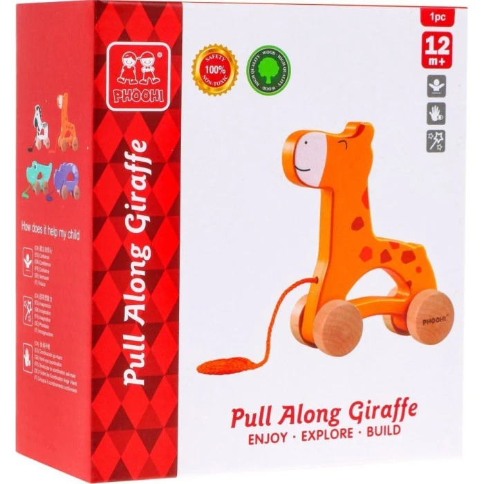 Деревянная мини-каталка Жираф на шнурке для детей 12м+