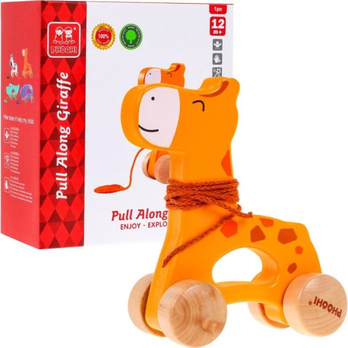 Деревянная мини-каталка Жираф на шнурке для детей 12м+