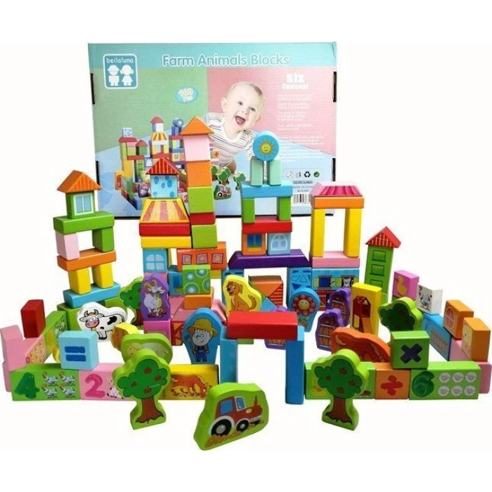 Детский набор деревянных кубиков «Ферма» для детей 3+100 эл.