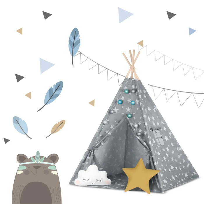 Вигвам детский с фонариками Nukido серый со звездочками