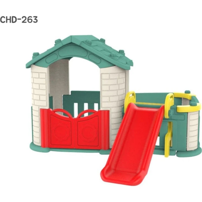 Садовий будиночок 3 в 1 для дітей Зелений дах + гірка + Сад з огорожею