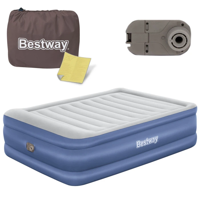 Надувной матрас Bestway 67690 со встроенным электронасосом 203х152 см, сине-серый.