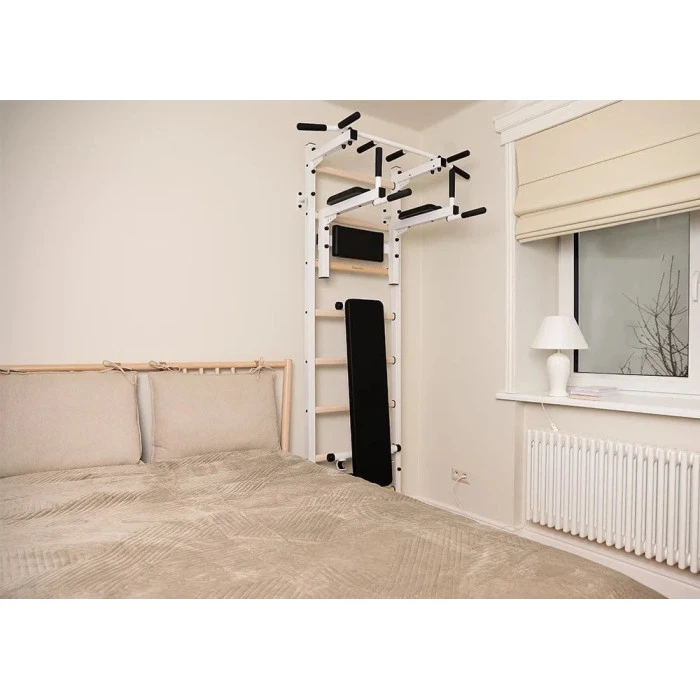 Скамья BenchK Гимнастическая стремянка + металлическая штанга + брусья + белая скамья BenchK