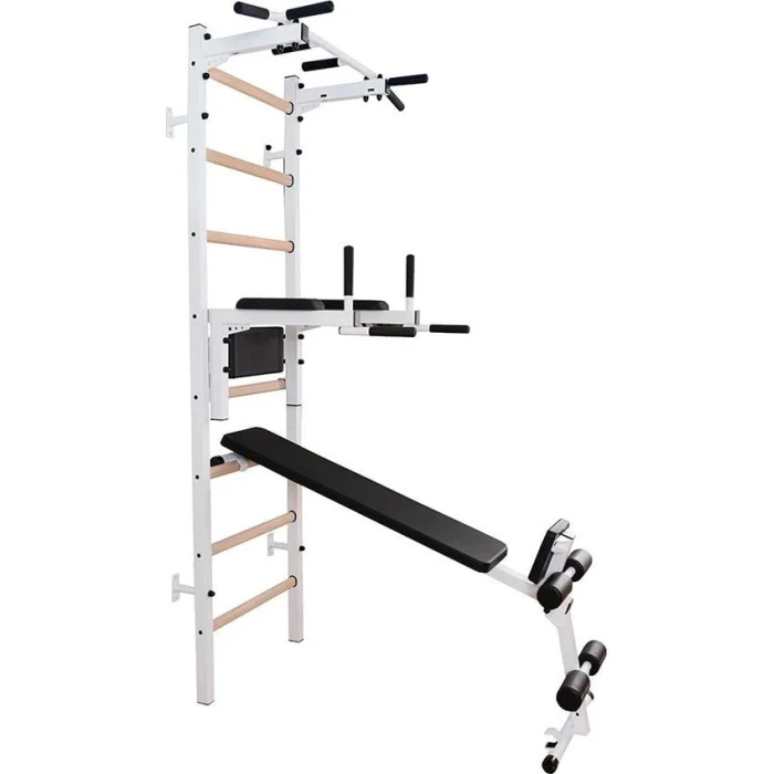 Скамья BenchK Гимнастическая стремянка + металлическая штанга + брусья + белая скамья BenchK