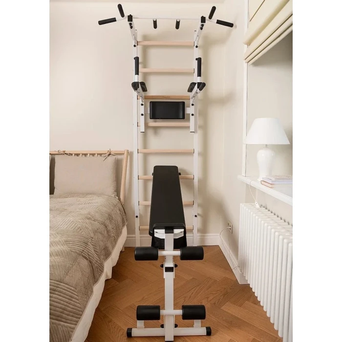 Скамья BenchK Гимнастическая стремянка + металлическая штанга + брусья + белая скамья BenchK