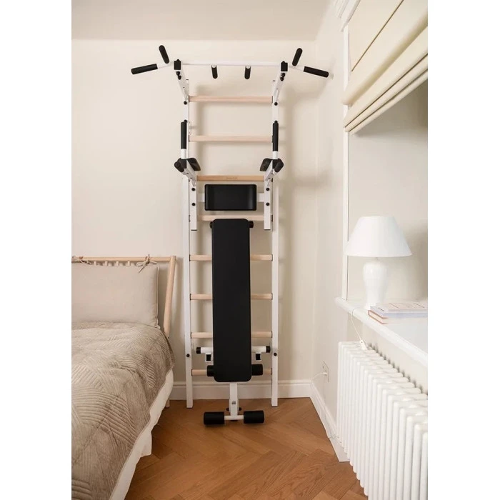 Скамья BenchK Гимнастическая стремянка + металлическая штанга + брусья + белая скамья BenchK