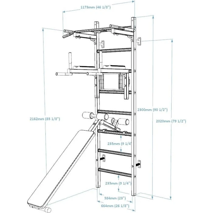 Скамья BenchK Гимнастическая стремянка + металлическая штанга + брусья + белая скамья BenchK