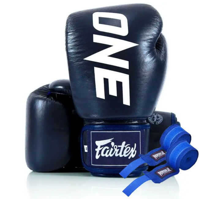 Перчатки боксерские кожаные с бинтами Fairtex BGV1-ONE 12 унций, темно-синие