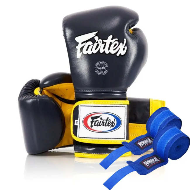 Рукавички боксерські з бинтами Fairtex Mexican BGV9 16 унцій, синьо-жовті