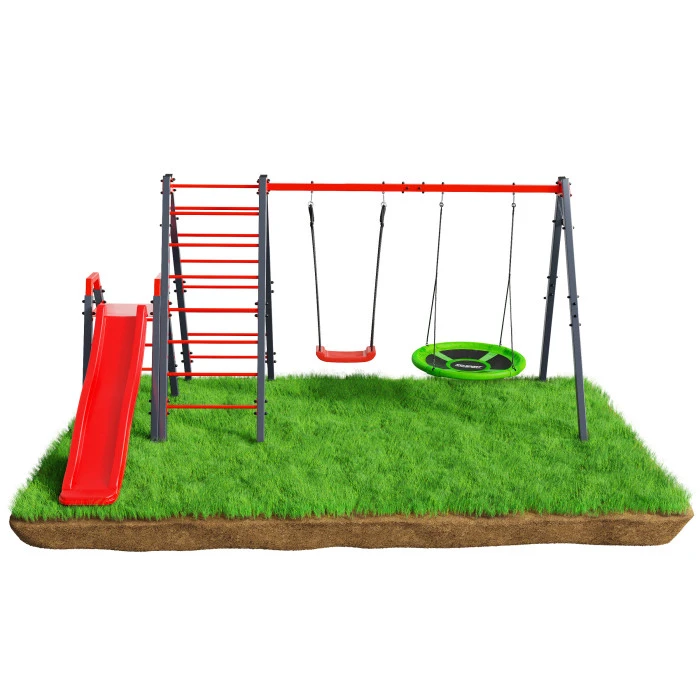 Качели с гнездом аиста, стремянкой и горкой K-Sport KSOZ015DJZ - красно-серая