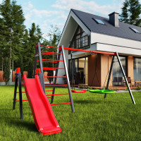 Качели с гнездом аиста, стремянкой и горкой K-Sport KSOZ015DJZ - красно-серая