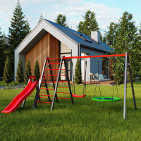 Качели с гнездом аиста, стремянкой и горкой K-Sport KSOZ015DJZ - красно-серая