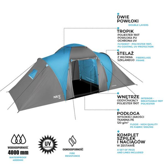 Кемпинговая палатка NILS CAMP NC6031 HIGLAND серо-голубая