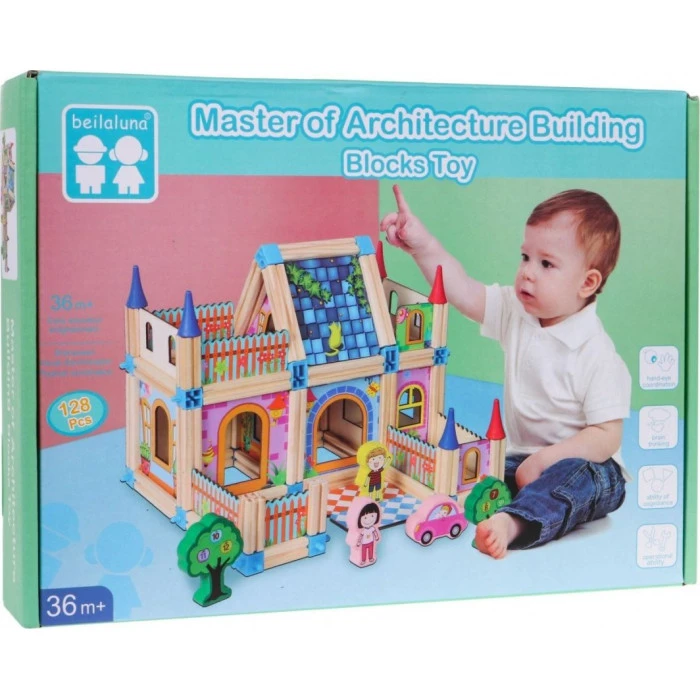 Дерев'яні конструктори для дітей 3+ Барвистий набір з 128 ел. для будівництва будинку