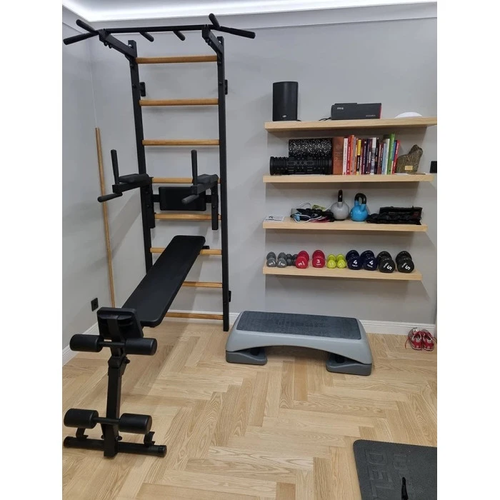 Скамья BenchK Гимнастическая стремянка + металлическая штанга + брусья + черная скамья BenchK