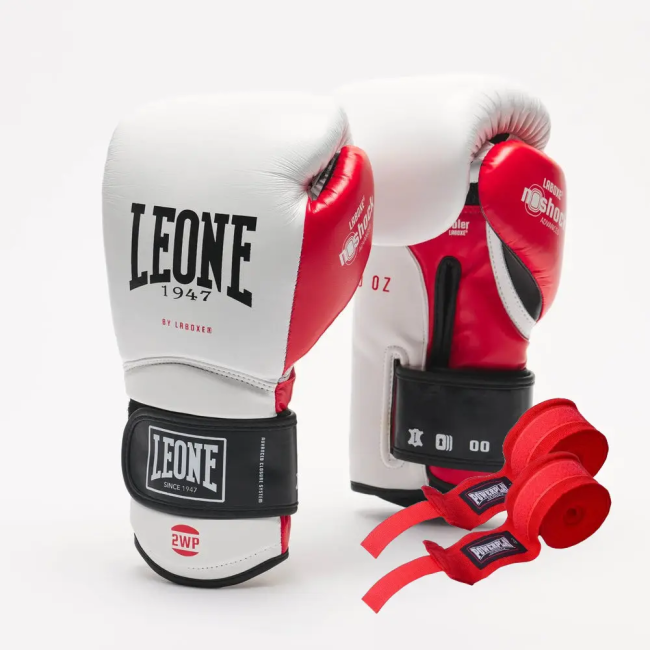 Рукавички боксерські з бинтами Leone GN113 IL TECNICO N3 розмір 12 унцій, біло-червоні