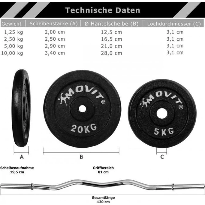 Набір обважнювачів - штанга Movit, 120 см, 65,5 кг