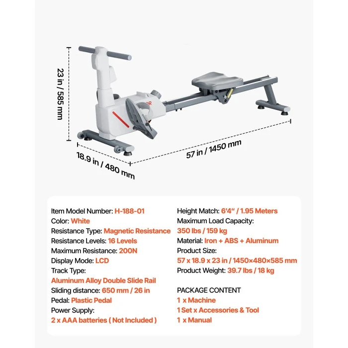 Гребной тренажер магнитный VEVOR серо-белый