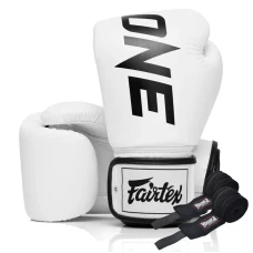 Перчатки боксерские кожаные с бинтами Fairtex BGV1-ONE 12 унций, белые