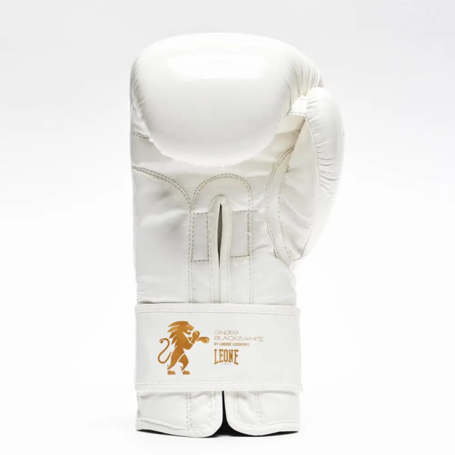 Рукавички боксерські з капою Leone GN059W розмір 16 унцій, біло-золотисті