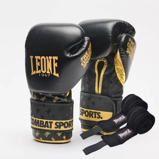 Перчатки боксерские с бинтами Leone GN220 DNA размер 12 унцы, черные