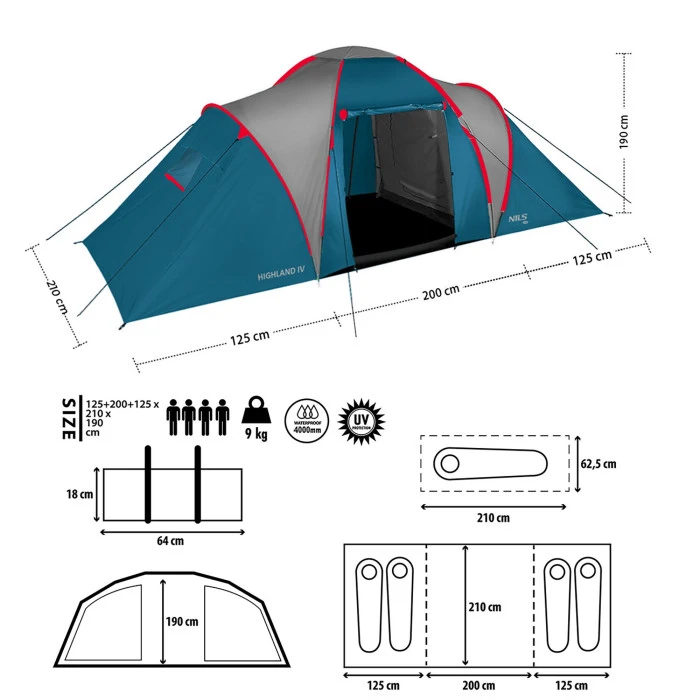 Палатка четырехместная NILS CAMP NC6431 Highland IV, 450 х 210 х 190 см, сине-серая