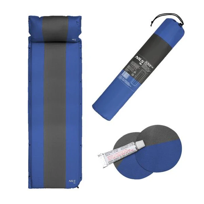 Самонадувающийся коврик с подушкой NILS CAMP NC4349, 193 х 58 х 3 см, серо-синий
