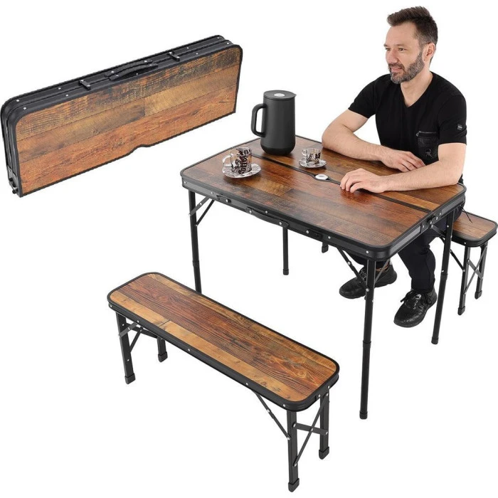 Стол кемпинговый раскладной Enero 90x60x70 см и 2 лавки 87x23x39 см дерево